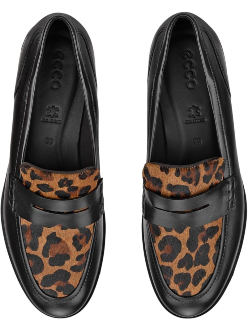 ECCO Classic 15 Penny Loafers Slip On Black Leather Leopard Women's 7/7-1/2 NEW